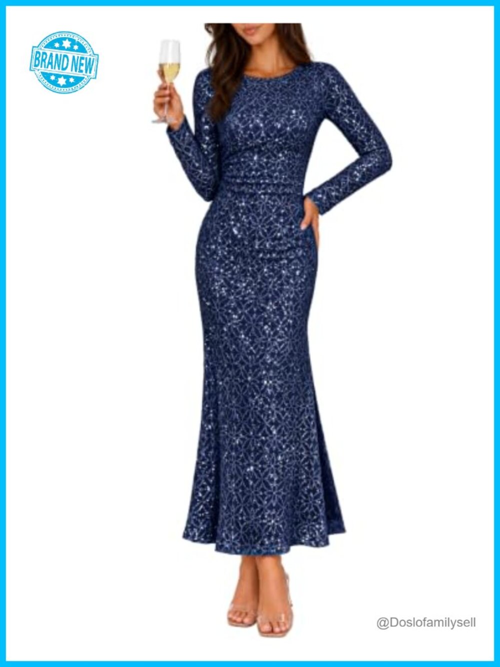 Formal Long Sleeve Sequin Bodycon Maxi Dress Crewneck Evening Gown